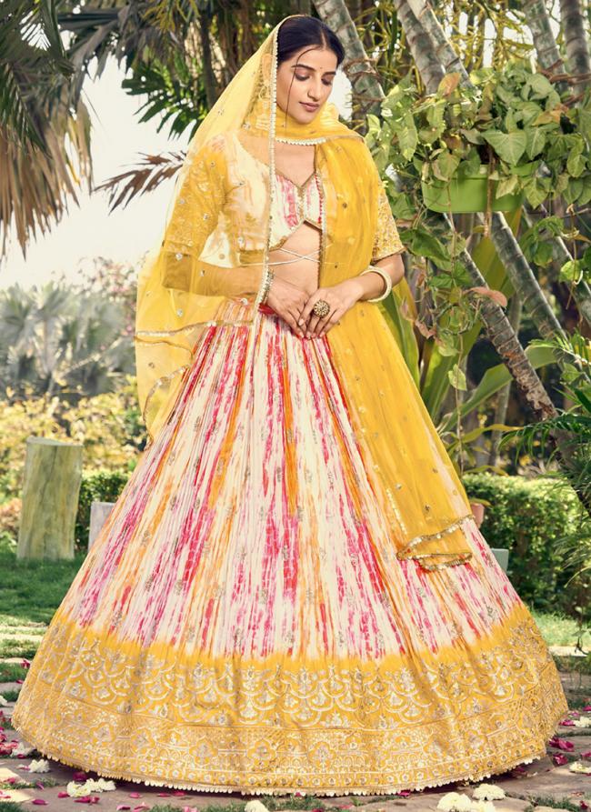 Chinon Yellow Party Wear Digital Printed Lehenga Choli